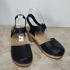 Skola Black Leather And Wood Platforms Women's Shoes Size 38